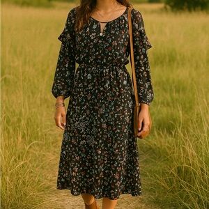 Walter Baker Floral Cottegecore  Dress 10 Women's Black Boho Peasent Whimsical